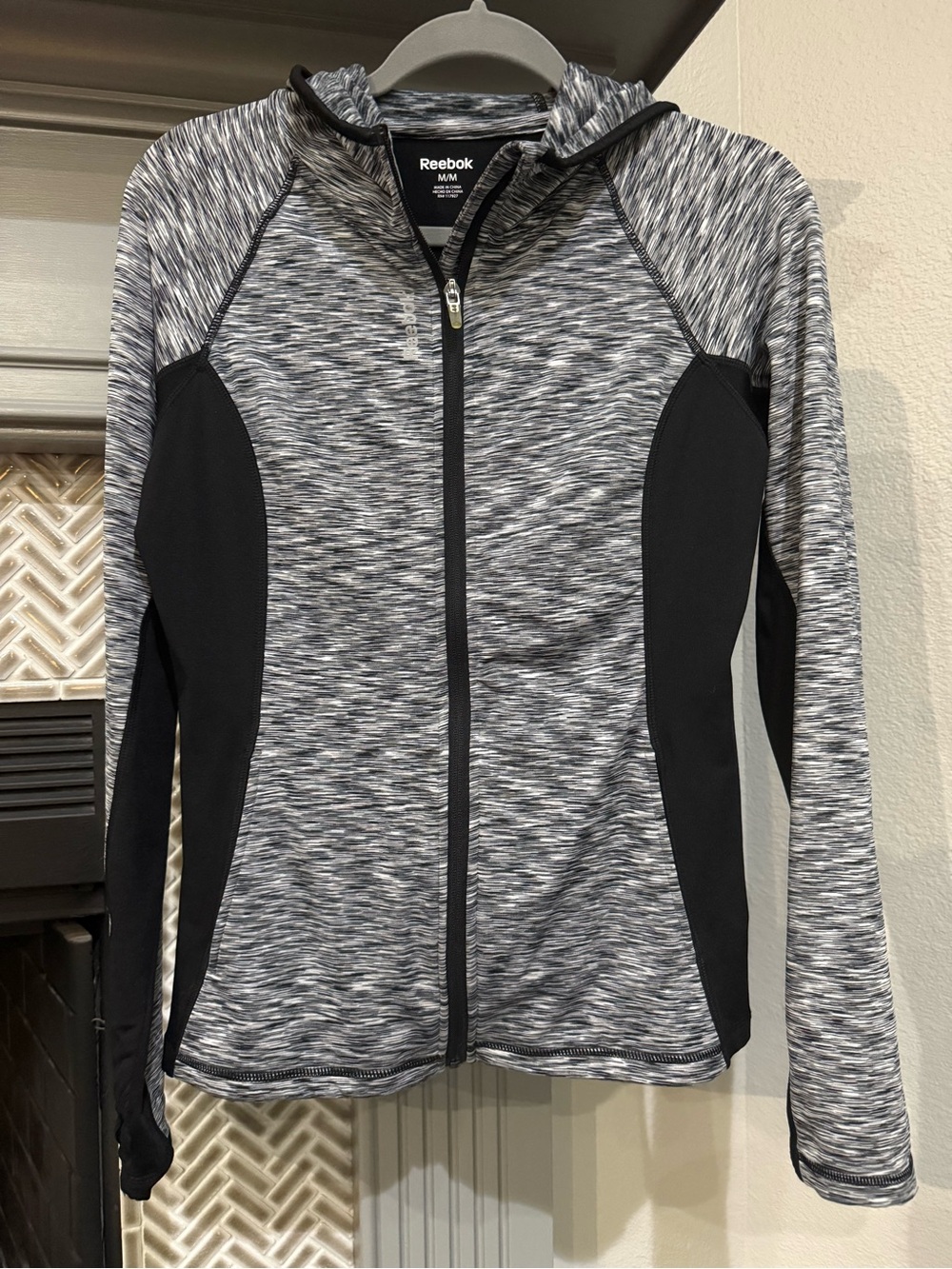 Reebok Women's Black and Gray Marled Full-Zip Hoodie Jacket